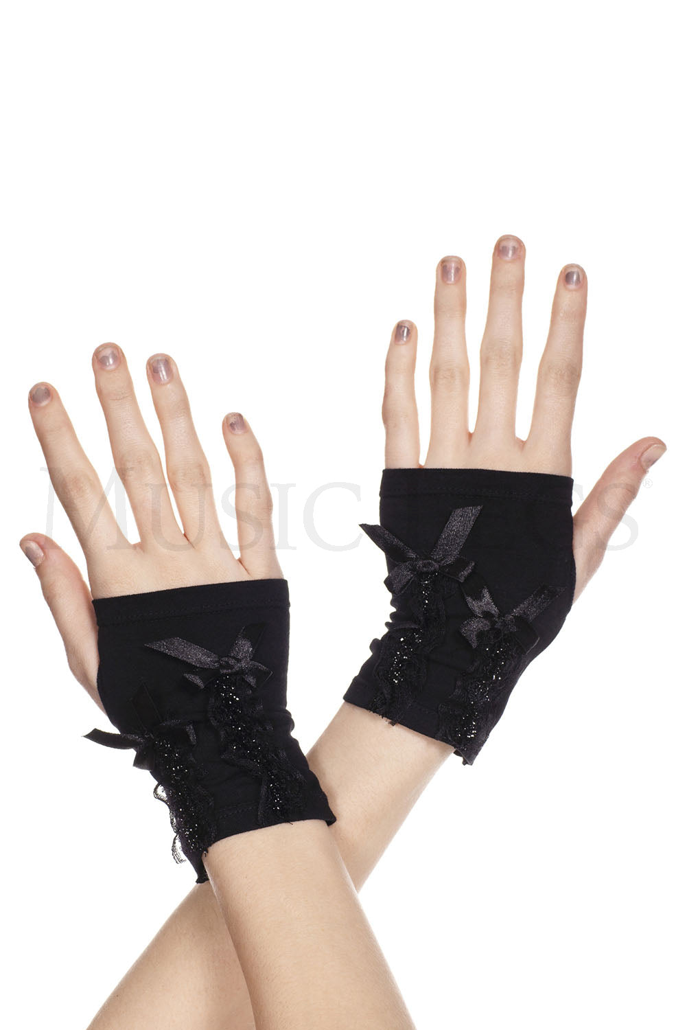 Fingerless gloves with ribbon