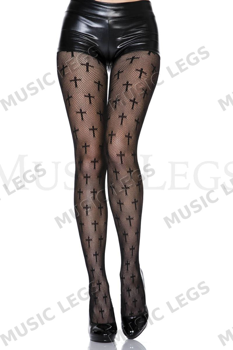 Lace-top fishnet tights with a