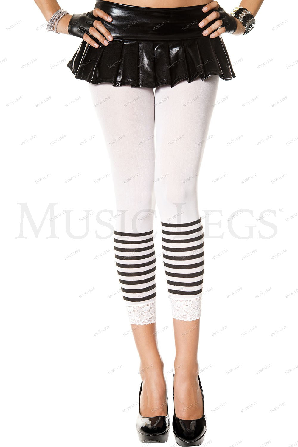 Lace trim leggings with stripe